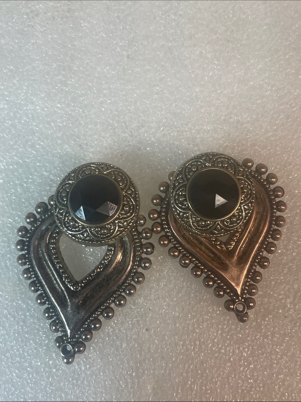 Ornate Black Stone Teardrop Statement Earrings - Two-Tone Metal